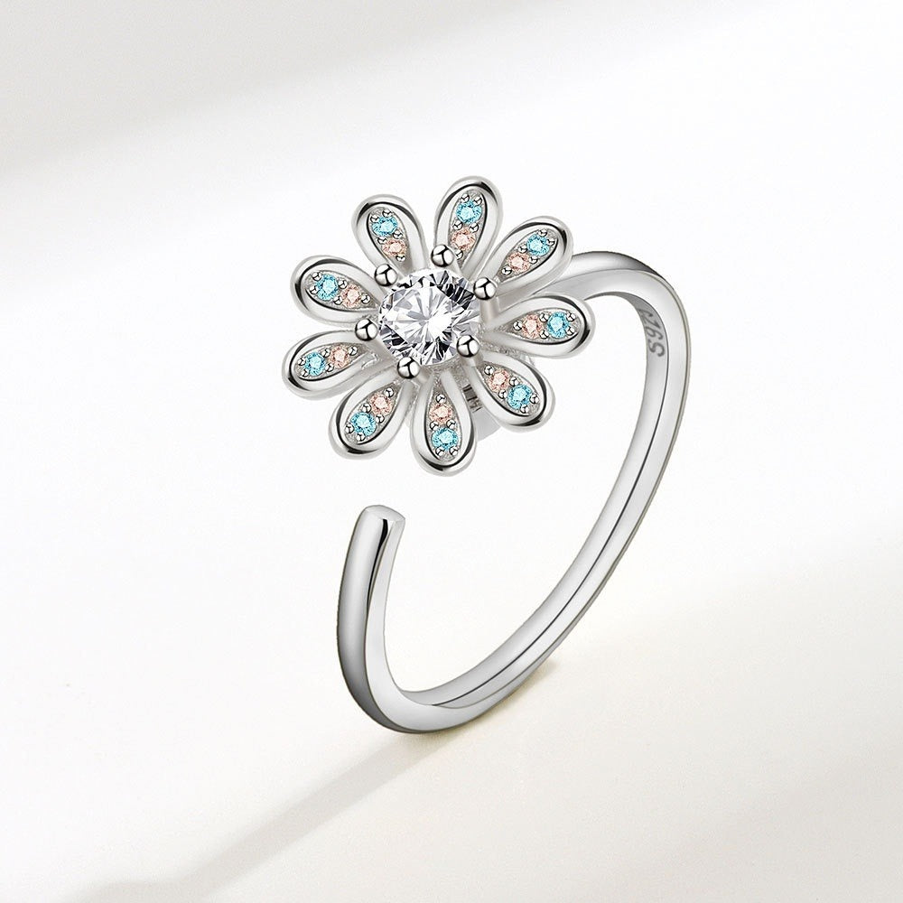 Silver Clover Crystal Adjustable anxiety ring