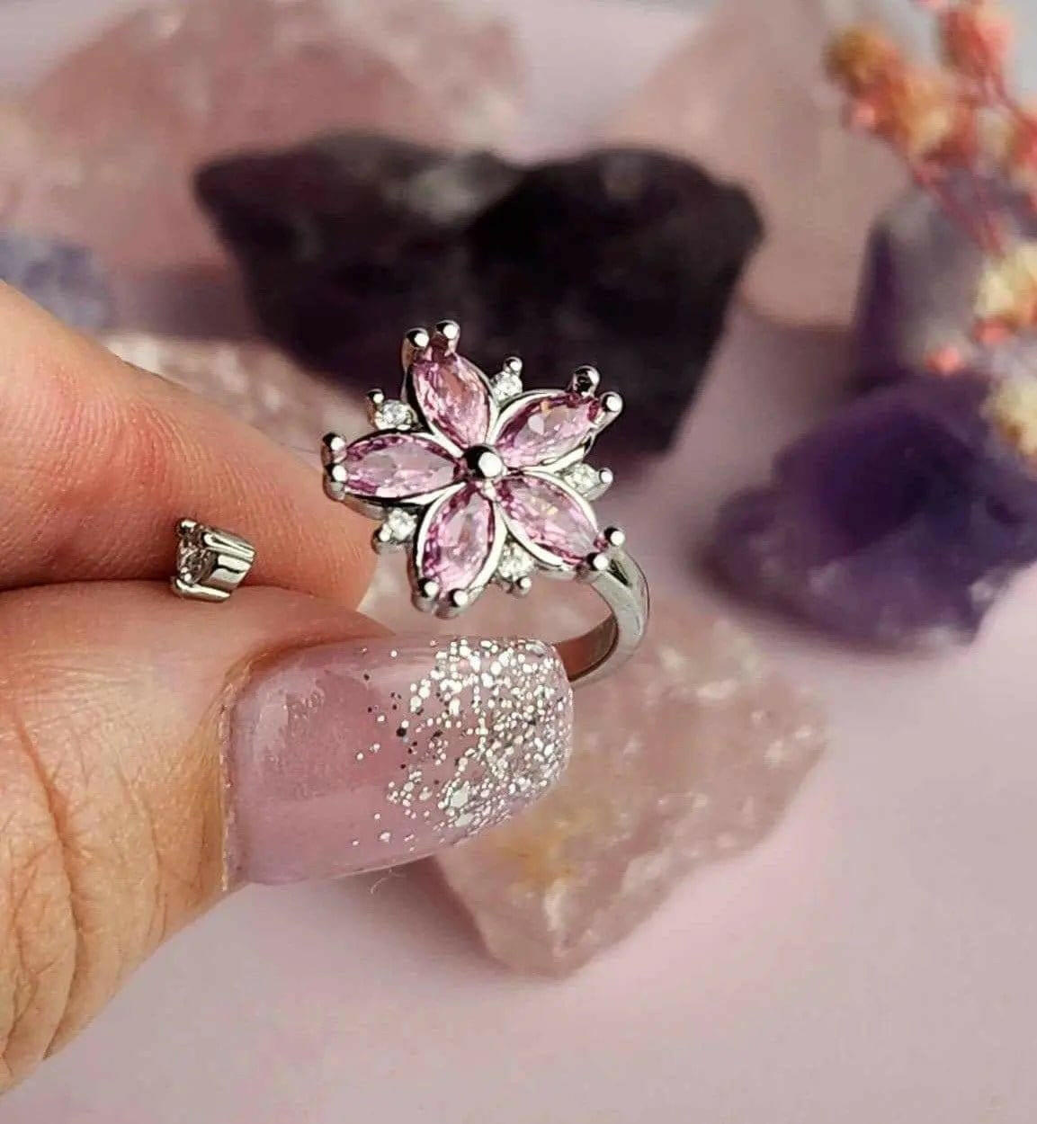 Pink Flower Fidget Spinner Ring