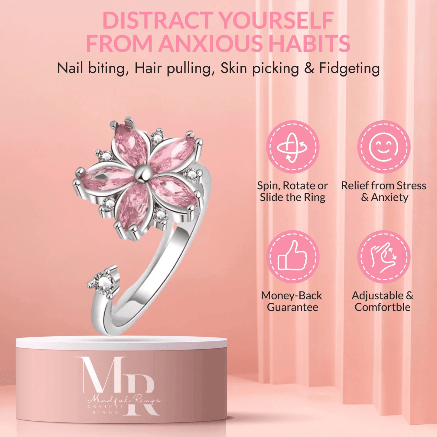 Pink Flower Fidget Spinner Ring