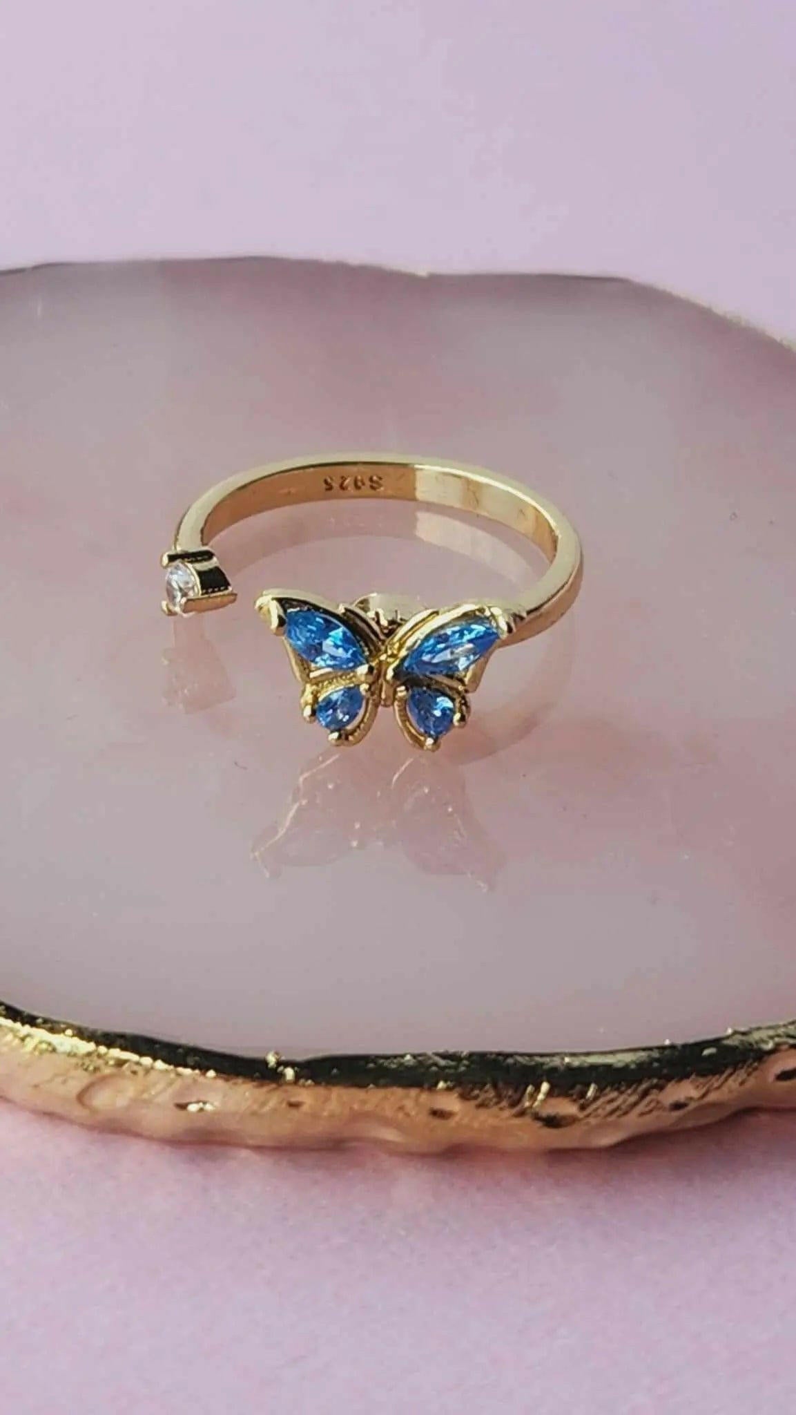 Gold Plated Blue Butterfly Fidget Spinner Ring