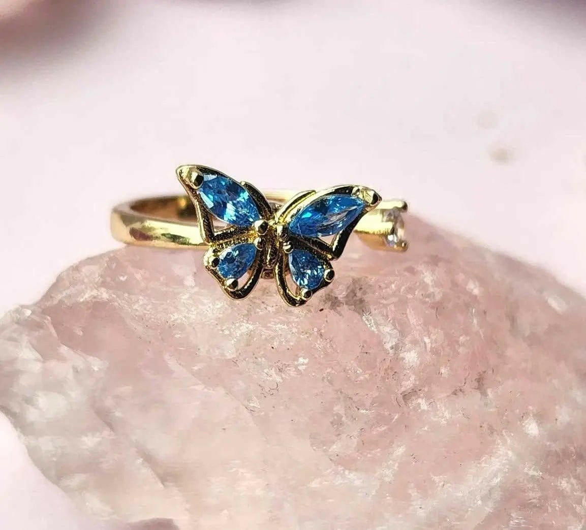 Gold Plated Blue Butterfly Fidget Spinner Ring