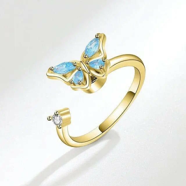 Gold Plated Blue Butterfly Fidget Spinner Ring