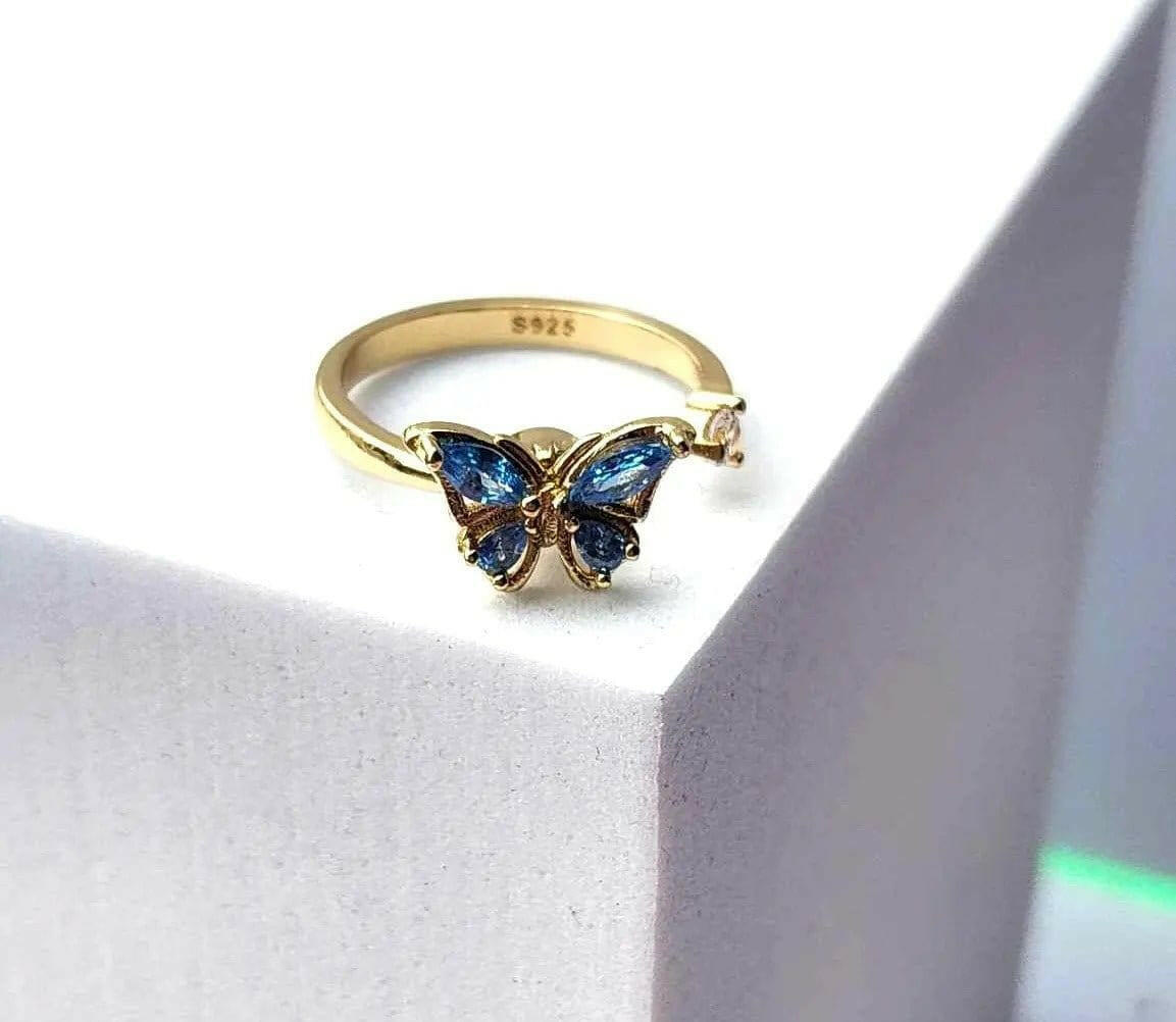 Gold Plated Blue Butterfly Fidget Spinner Ring