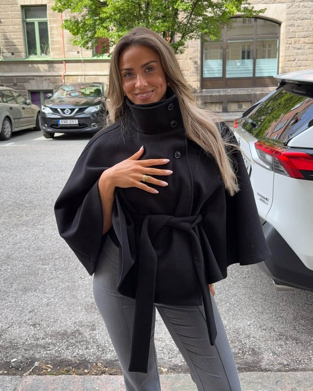 Arianne Elegant High-Neck Belted Cape Jacket