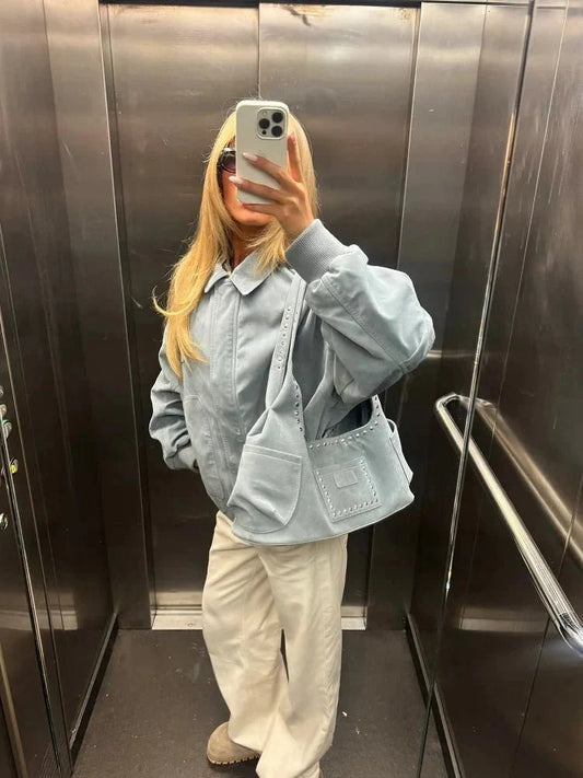 Camille Babyblue Suede Bomber Jacket